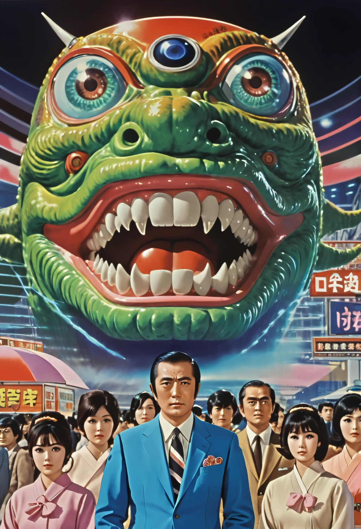  Manga characters,    1970's comic art   ,    1970's Japanese TV    show monster, detailed    Digital Paint,    bright color,    dynamic composition   , Dramatic lighting,    vintage aesthetics      , ( top quality,4K,8k,     high definition   ,masterpiece:1.2),  {{more}} ,(   realistic   ,photo   realistic   ,photo-   realistic   :1.37),   Extremely Detailed Eyes and Faces  ,   has long eyelashes,  Beautifully Drawn   ,   dynamic composition   ,Dramatic lighting,   bright color,   retro anime style poster 、  retro futuristic   ,1960s anime   ,   1970's Japanese TV   ,  Tsuburaya Productions ,    Japanese monster  ,  SFX transformation hero  , Manga art,   Digital Paint