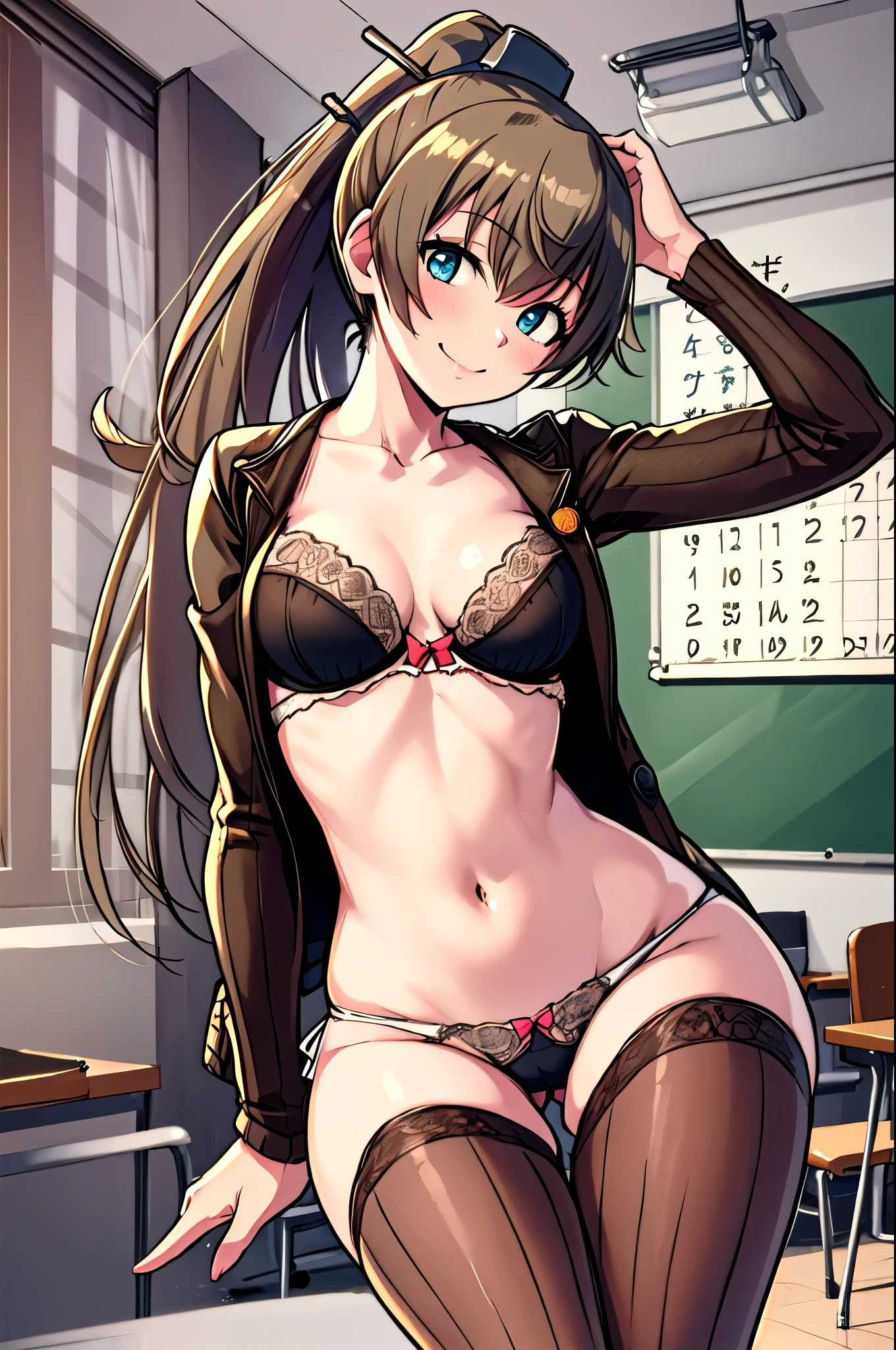 (masterpiece,  top quality:1.2),  Cowboy Shot , Alone,  1 girl , Kumano Kaiji , smile, looking at viewer,  ponytail, Thigh socks, (Classroom Background,  living room background,  office background),, blush, smile, , (light pink panties), (light pink bra), ( lingerie ), ( fancy underwear), (Completely naked),  Slim Waist,