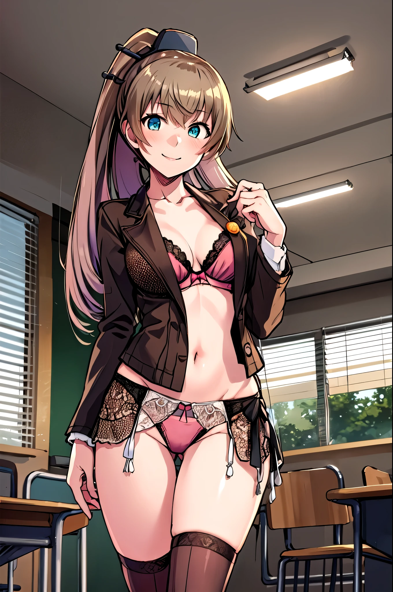 (masterpiece,  top quality:1.2),  Cowboy Shot , Alone,  1 girl , Kumano Kaiji , smile, looking at viewer,  ponytail, Thigh socks, (Classroom Background,  living room background,  office background),, blush, smile, , (light pink panties), (light pink bra), ( lingerie ), ( fancy underwear), (Completely naked), (Classroom Background,  living room background,  office background), Slim Waist,