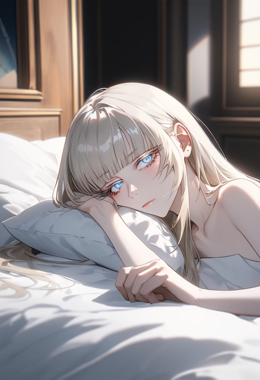 Anime style, 1 girl, 1 sexy girl, white pale skinned girl, porcelain skin, blue eyes, (HAIR: light blonde straight cut, long length, full bangs covering eyebrows, side framing fringe, extra long hair ) (BODY: flat chested, skinny, short )(best quality, 4k, 8k, highres, masterpiece:1.2), ultra-detailed, HDR, UHD, studio lighting, detailed eyes, ultra-fine painting, sharp focus, physically-based rendering, extreme detail description, professional, vivid colors, sleeping, in_an_opulent_bed, sleepy, laying_on_side, droopy_eyes, score_9, score_8_up, score_9_up, source_anime