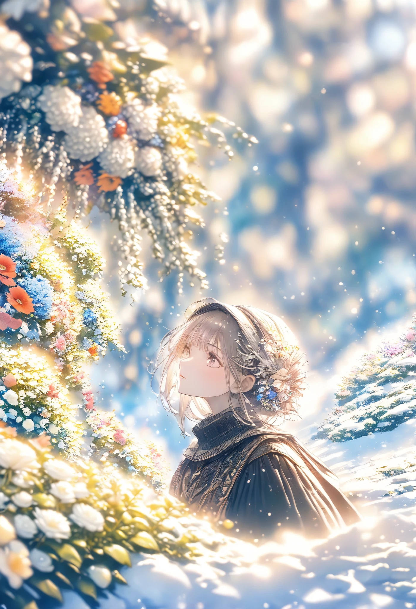 (Harry Clark (Harry Clarke) style:0.5),(Santiago Caruso style:0.7),
1 Girl,
BREAKFlower background,(The foreground of flowers:1.6),( Background blur:1.7),from_side,composition with the person as the middle,look up,(photo:1.4),(for real:1.5),middle_shooting,Looking at the audience,(Blurred foreground:1.5),,snow