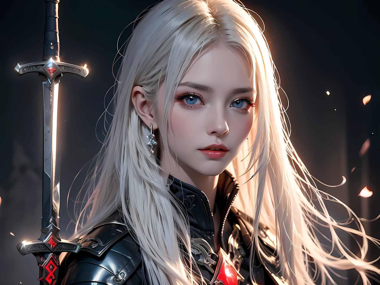 ((best quality)), ((masterpiece)), (detailed), perfect face, Albino warrior, ((long white hair, white skin, red eyes)), black magic sword, (Great sword engraved with red runes), crazy eyes, haggard cheeks, fantasy novel, 25 years old lady, (Elric of Melniboné), the Eternal Champion