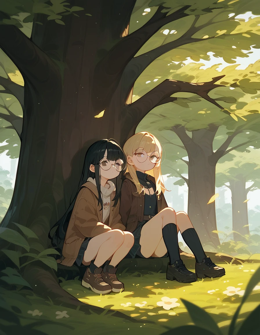 girl, blonde hair ,Bangs,girlบาร์, ,Wear black round glasses,Long hair,Black hair ends,Sitting under the tree, Brown Jacket ,