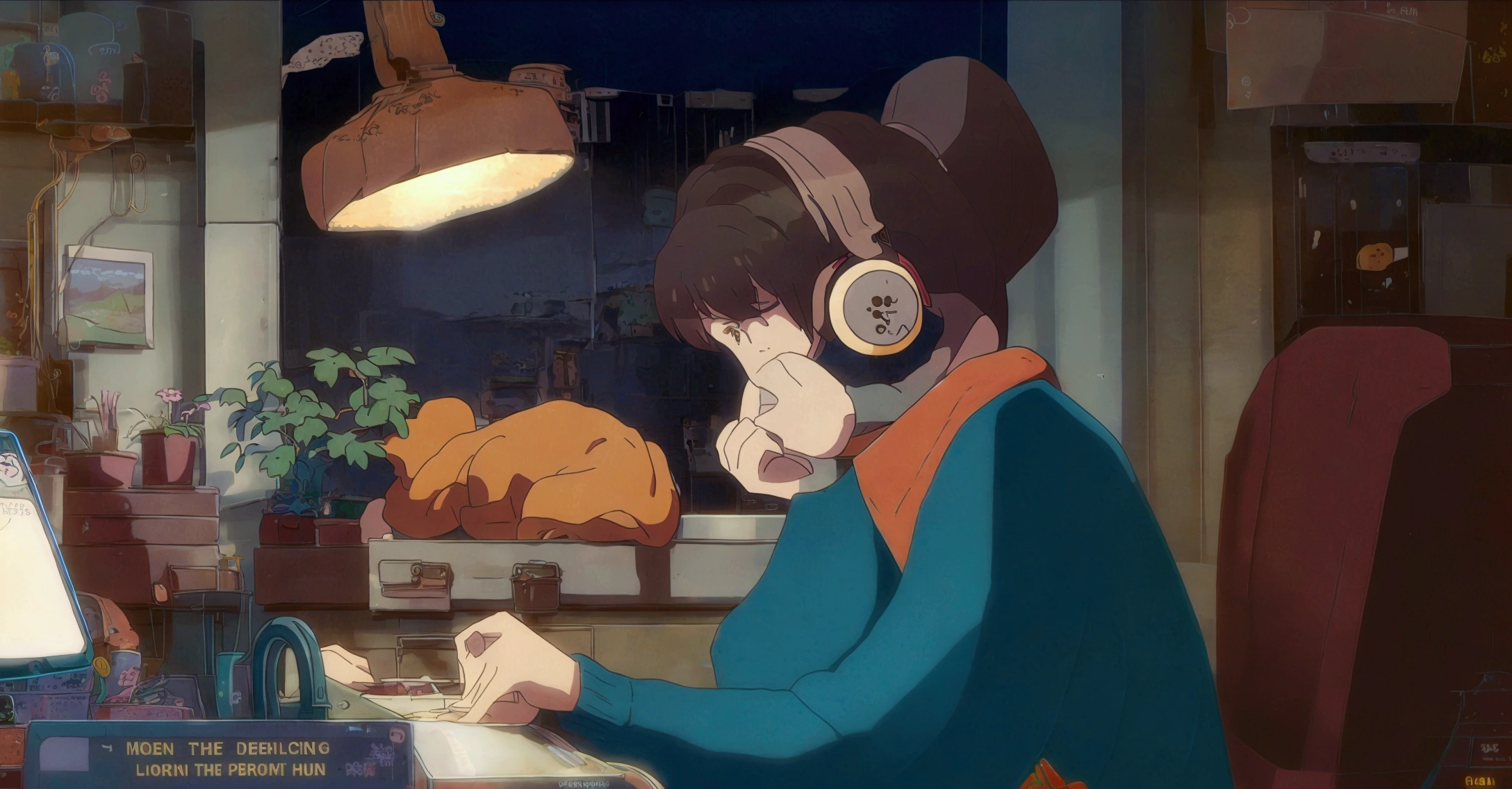 A detailed anime-style illustration of a young woman with brown hair wearing "LOFI" brand headphones and sitting at a wooden desk recording a voiceover using an imac. She is wearing a green sweater and a red scarf. It is a dimly lit night, cozy environment with a city view from the window. Various items are placed on the desk, including a potted plant, a pencil holder, scissors, and a laptop with a web page open. An orange cat is sleeping behind the potted plant. The room also has other decorations such as a shelf full of books, a lamp, small toys, and photos. The overall atmosphere is peaceful and studious. A night cityscape can be seen in the background, and potted plants and stationery are lined up on the desk. A cat can also be seen sleeping behind her.