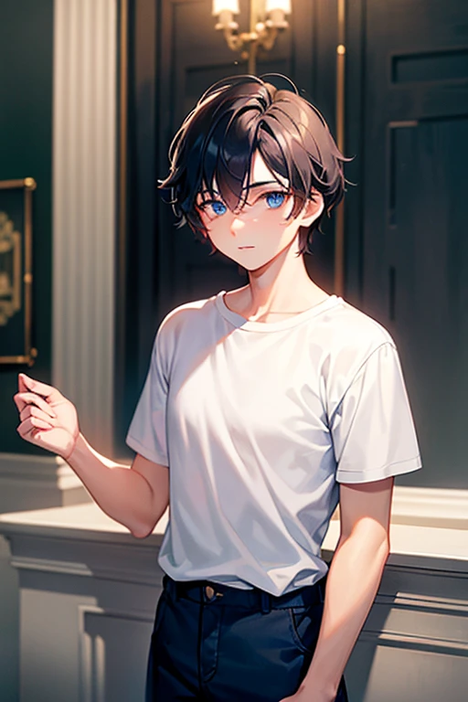 teenage boy in a white plain shirt and navy blue pants, (at Dark Tower), (beautiful eyes), (soft+cute), ((best quality)), ((masterpiece))