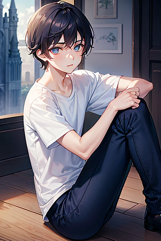 teenage boy in a white plain shirt and navy blue pants, (at Dark Tower), (beautiful eyes), (soft+cute), ((best quality)), ((masterpiece))