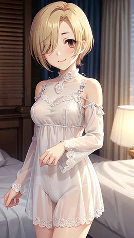 D.、Blonde,  bangs hanging over eyes ,  short hair,  brown eyes ,  flat chested, small butt, (美しい brown eyes、輝く瞳, fine grain)、smile、 very detailed eyes 、 Highly Detailed Face ,  high definition eyes , Cowboy Shot 、
 1 Woman ,   Big Breasts,  perfect body,  white satin pajamas with a love pattern that shows nipples,  standing with different breasts ,  From behind , , smile, In the bedroom,  listen to me, , Clear pajamas , Front View, , 
 cute girl anime visual ,  beautiful anime girls, smooth anime cg art, 
  Official Artwork ,  Fascinating Anime  , 