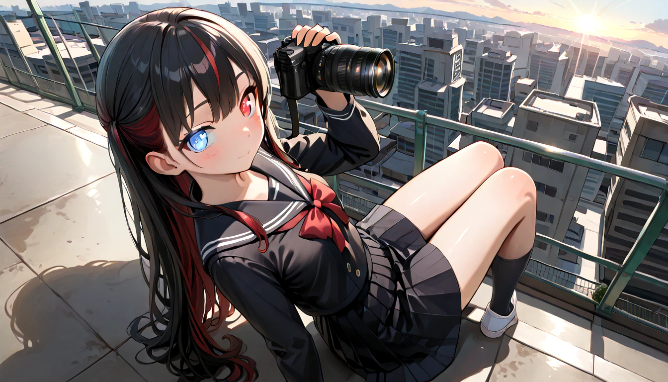 ((top quality)),((masterpiece)),((perfect face)),(ultra-detailed),ultra high res, 8k, 1girl, solo, streaked hair, glowing eyes, sitting, heterochromia, rooftop, camera, dynamic angle, school uniform, sunlight rays, panoramic view,  anime style, exquisite, (very aesthetic:1.2), (absurdres:1.2), (detailed background),newest, perfect anatomy,