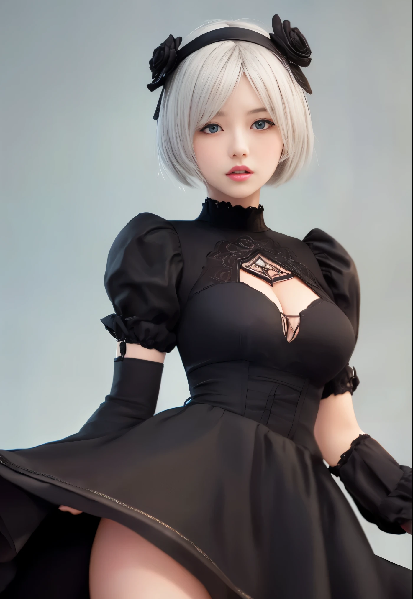 ((Highest quality))、((masterpiece))、(detailed)、1 Girl、sexy、This captivating image、(「Nier Automata」2B from the series poses from the front, revealing her seductive breasts。)Her short white hair frames her parted lips.、Blue eyes sparkling with emotion。The black dress with bold cutouts that exposed her breasts accentuated her entire body.、 Fadingz&#39;s stunning artistry、From the intricate cut-outs of her clothing to the delicate locks of her white hair.、Bringing every detail to life。