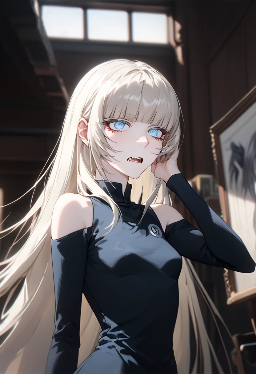 Anime style, 1 girl, 1 sexy girl, white pale skinned girl, porcelain skin, blue eyes, (HAIR: light blonde straight cut, long length, full bangs covering eyebrows, side framing fringe, extra long hair ) (BODY: flat chested, skinny, short )(best quality, 4k, 8k, highres, masterpiece:1.2), ultra-detailed, HDR, UHD, studio lighting, detailed eyes, ultra-fine painting, sharp focus, physically-based rendering, extreme detail description, professional, vivid colors, screaming, open_window, leaning_on_window , droopy_eyes, score_9, score_8_up, score_9_up, source_anime