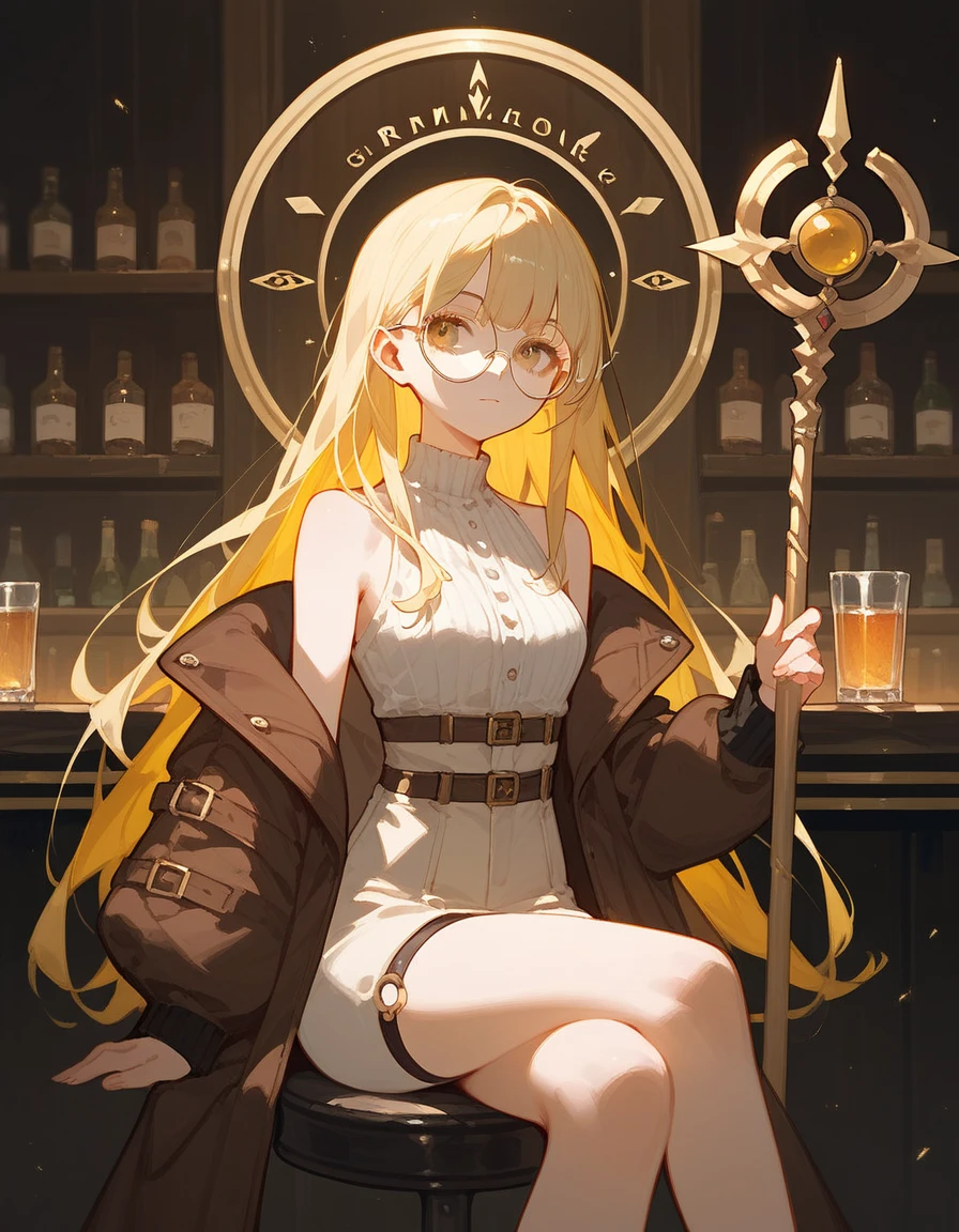 alone,girl, blonde hair ,Bangs,girlบาร์, ,Wear black round glasses,Long hair,Black hair ends, sitting in a bar , Brown Jacket ,In golden bronze eyes, Staff 