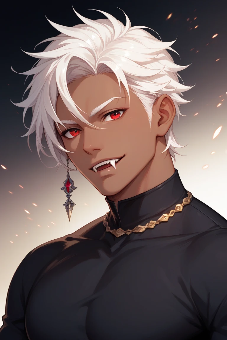 man, male, white hair, red eyes, and a detailed background, every detail is rendered in superb detail, perfect composition, masterpiece, best quality, 8k, ultra-detailed, anime, correct anatomy, detailed face, correct eye anatomy, handsome, fangs, dark fantasy, brown skin, upper body, fully clothed, black shirt, 