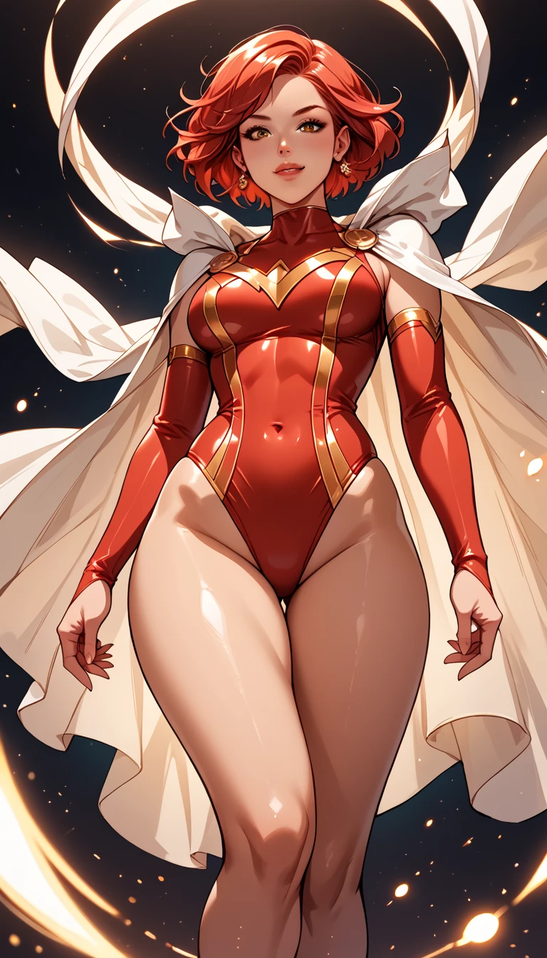 ( masterpiece ), (  best quality  ), (  high resolution icon ), detailed, (  intricate details 1 .2), (Hyper detailed 1.4),   beautiful red-haired woman,  Pixie-style short hair ,   black and red superhero swimsuit , shezfe ,  floating white cape ,   thick thighs  ,  A hand on the hip ,  dark background,vista inferior,   bottom angle  ,  golden particles ,    colored lights in the background  , epic, epic