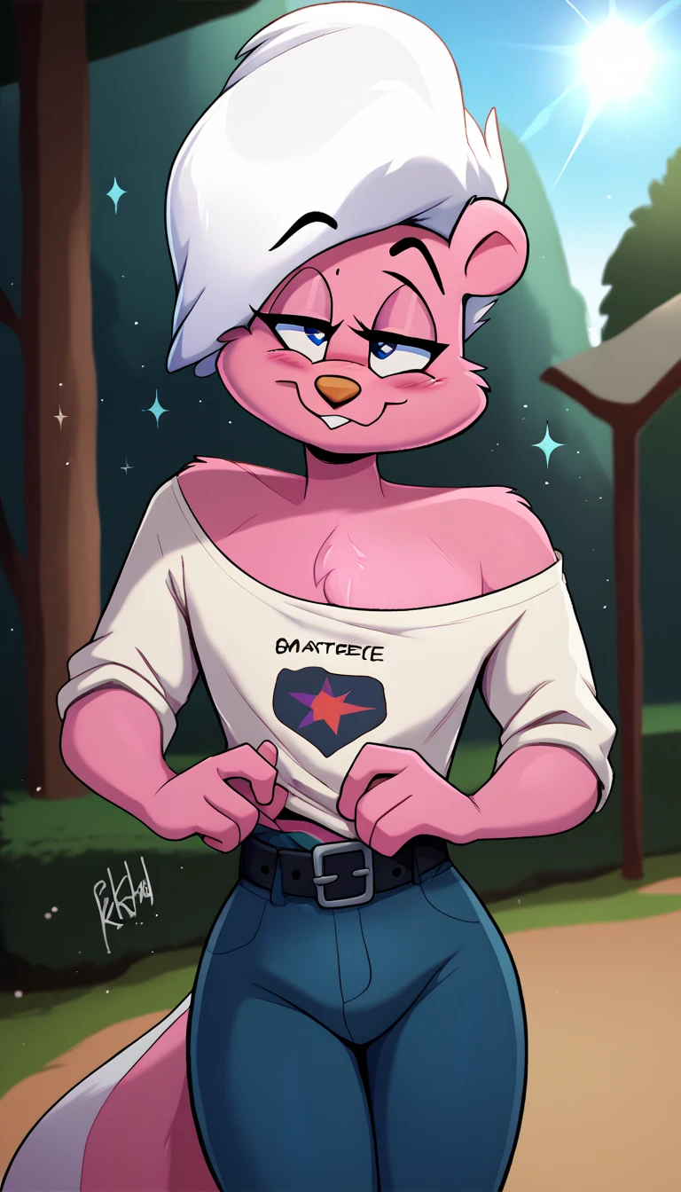 masterpiece, best quality, nervous expression, male, anthro, furry, pink fur, fluffy fur, BREAK, French striped skunk boy, Bimbette, gay furry, gay homophobic skunk, skunk ears, skunk nose, cute eyes, blue eyes, skunk tail, white hair, (white hair), solo, (outdoors), sunshine, detailed, big eyes, buff muscular chest, strong arms, white off-shoulder shirt, blue jeans with a belt on, happy, head tilt, adult (20 years), straight legs, half-closed eyes, blush, looking at the viewer, standing, (kilinah), light particles, score_9, score_8_up, score_7_up, score_6_up, score_5_up, score_4_up