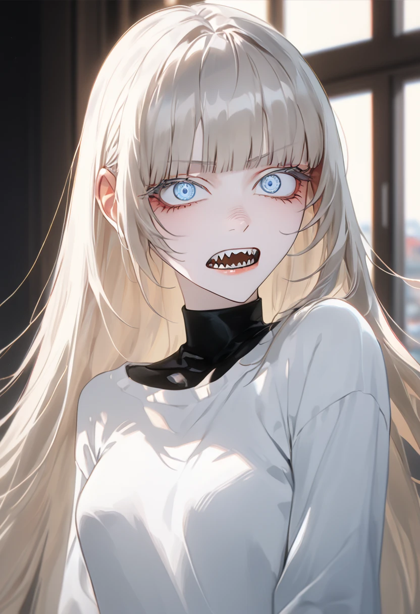 Anime style, 1 girl, 1 sexy girl, white pale skinned girl, porcelain skin, blue eyes, (HAIR: light blonde straight cut, long length, full bangs covering eyebrows, side framing fringe, extra long hair ) (BODY: flat chested, skinny, short )(best quality, 4k, 8k, highres, masterpiece:1.2), ultra-detailed, HDR, UHD, studio lighting, detailed eyes, ultra-fine painting, sharp focus, physically-based rendering, extreme detail description, professional, vivid colors, screaming, open_window, leaning_on_window , droopy_eyes, view_from_outside, sharp_teeth, score_9, score_8_up, score_9_up, source_anime