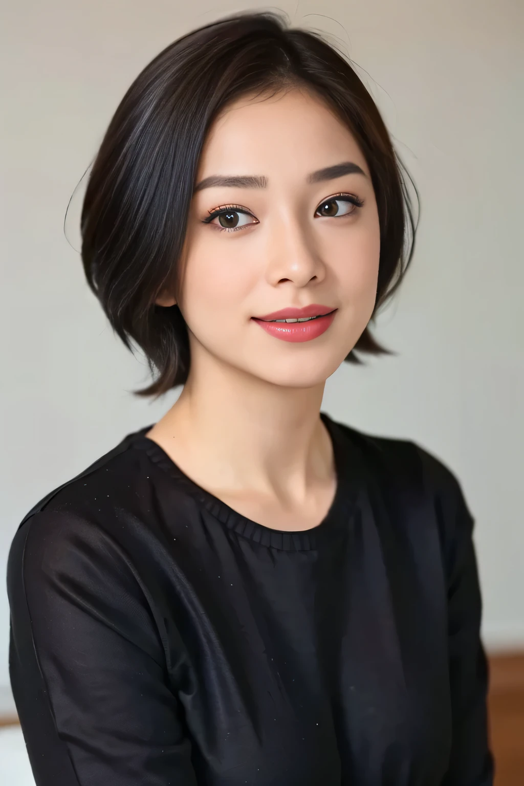 Best Quality, Ultra High Definition, (Photorealistic:1.4),Sunset Light, Ponytail, Korean Women, Detailed Photo, Smiling, Sexy, Black Shirt, Facing Camera, Close-up (Masterpiece: 1.3), (8K, Photorealistic, Best Quality: 1.4), (1girl), Beautiful Face, (Realistic Face), (Black Hair, Short Hair: 1.3), Beautiful Hairstyle, Realistic eyes, beautiful detail eyes, (realistic skin), beautiful skin, (sweater), absurd, attractive, ultra high resolution, ultra realistic, high definition, golden ratio