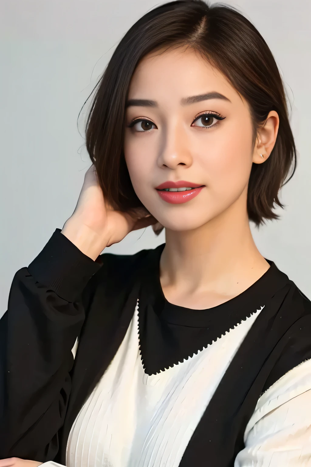 Best Quality, Ultra High Definition, (Photorealistic:1.4),Sunset Light, Ponytail, Korean Women, Detailed Photo, Smiling, Sexy, Black Shirt, Facing Camera, Close-up (Masterpiece: 1.3), (8K, Photorealistic, Best Quality: 1.4), (1girl), Beautiful Face, (Realistic Face), (Black Hair, Short Hair: 1.3), Beautiful Hairstyle, Realistic eyes, beautiful detail eyes, (realistic skin), beautiful skin, (sweater), absurd, attractive, ultra high resolution, ultra realistic, high definition, golden ratio