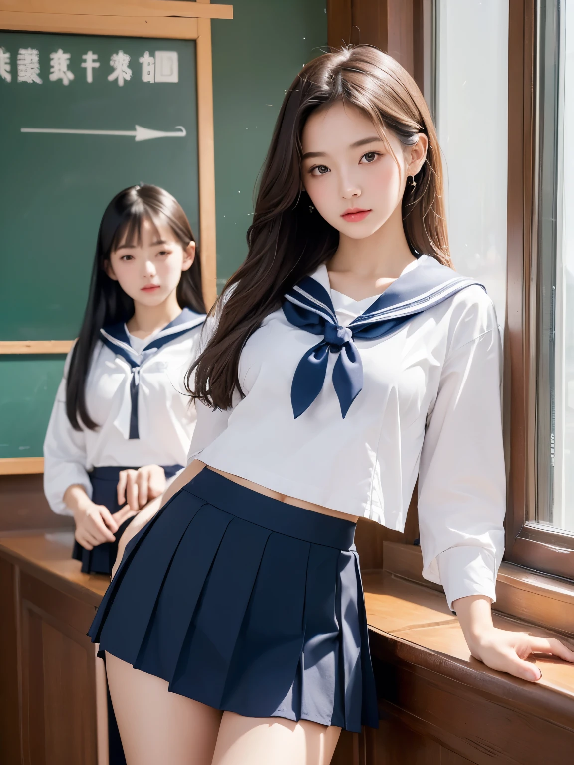 (( top quality、 high definition 、8k、masterpiece:1.3))、(((2girls))), portrait、 beautiful women、 perfect body、 beautiful rich breasts、classroom、 high school girl、 sailor suit 、 Embarrassing 、(( raise your skirt to show your panties ))、I'Seduce you、Table sex、pleasure、 ashamed