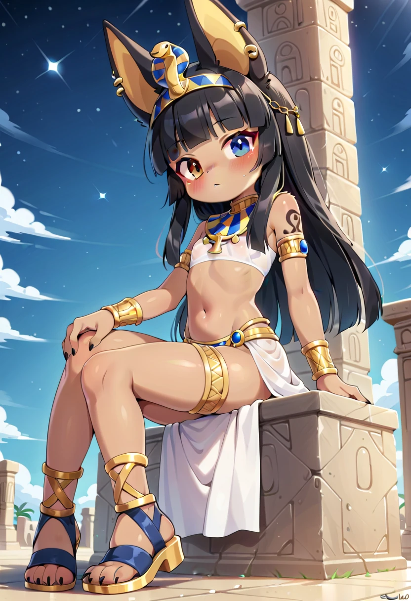 Masterpiece, best quality, ultra detailed, HDR, 8k, anime coloring book. A sphinx-inspired girl with long black hair, neko ears, cat tail, purple eyes, detailed eyes. She is like a god. Made up like an ancient Egyptian. make up like an ancient Egyptian. and purple reflexes.  sits regally on a desert oasis among ancient Egyptian constructions adorned with hieroglyphs. A warm breeze carries whispers of mystery through the blue sky with little white clouds, sun on the horizon, and a glorious ancient Egypt skyline. Fantastic and beautiful light creates a mysterious atmosphere. Blue sky, some white clouds, Heaven, cliff, mirage, meteorite, moon, and gold accessories enhance the scene. She is the Pharaoh, set in the era of prosperity and wealth along the Nile River with green plantations. Incredible Egyptian epoch scenery. He has a pharaoh's staff, similar to a golden serpent. Wear a gold tiara. Portrait.cowboy shot. Stunning quality.