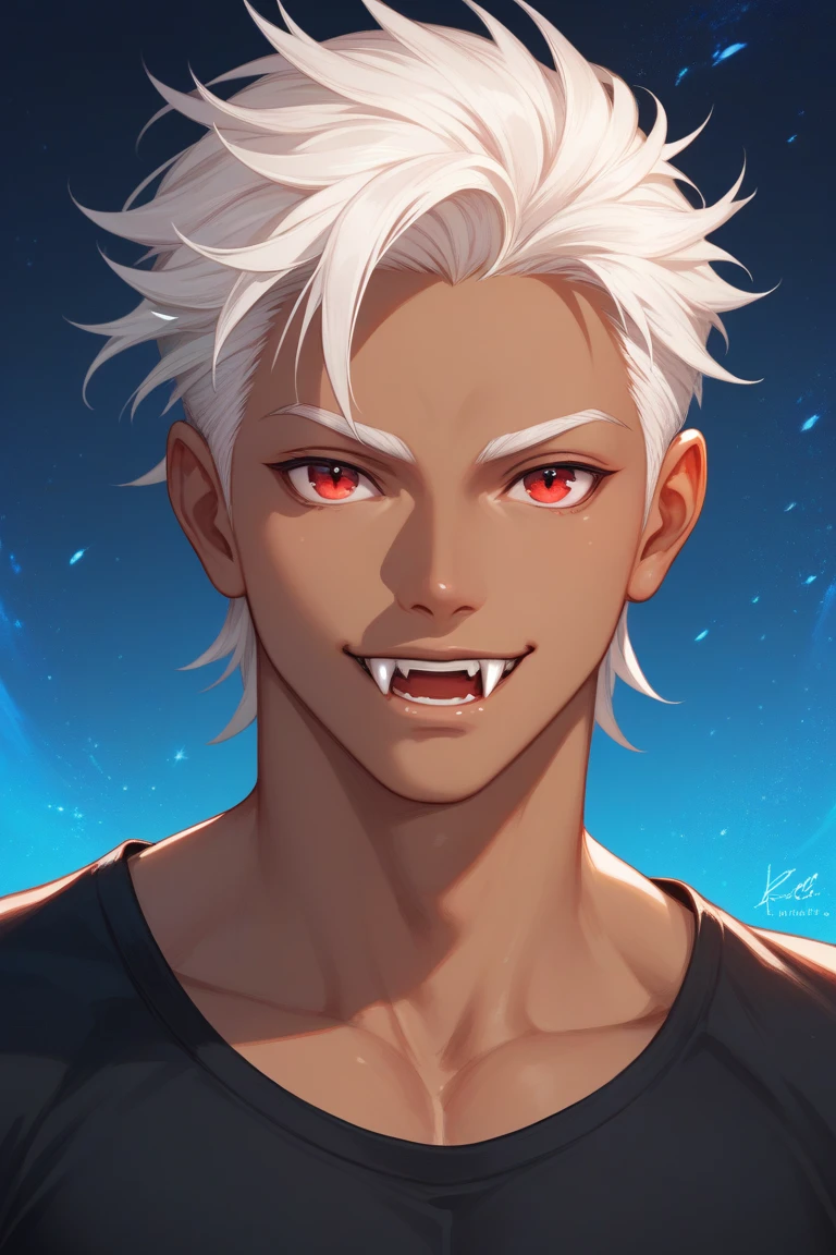 teenager, male,, white hair, red eyes, and a detailed background, every detail is rendered in superb detail, perfect composition, masterpiece, best quality, 8k, ultra-detailed, anime, correct anatomy, detailed face, correct eye anatomy, handsome, fangs, dark fantasy, brown skin, upper body, fully clothed, black shirt, 