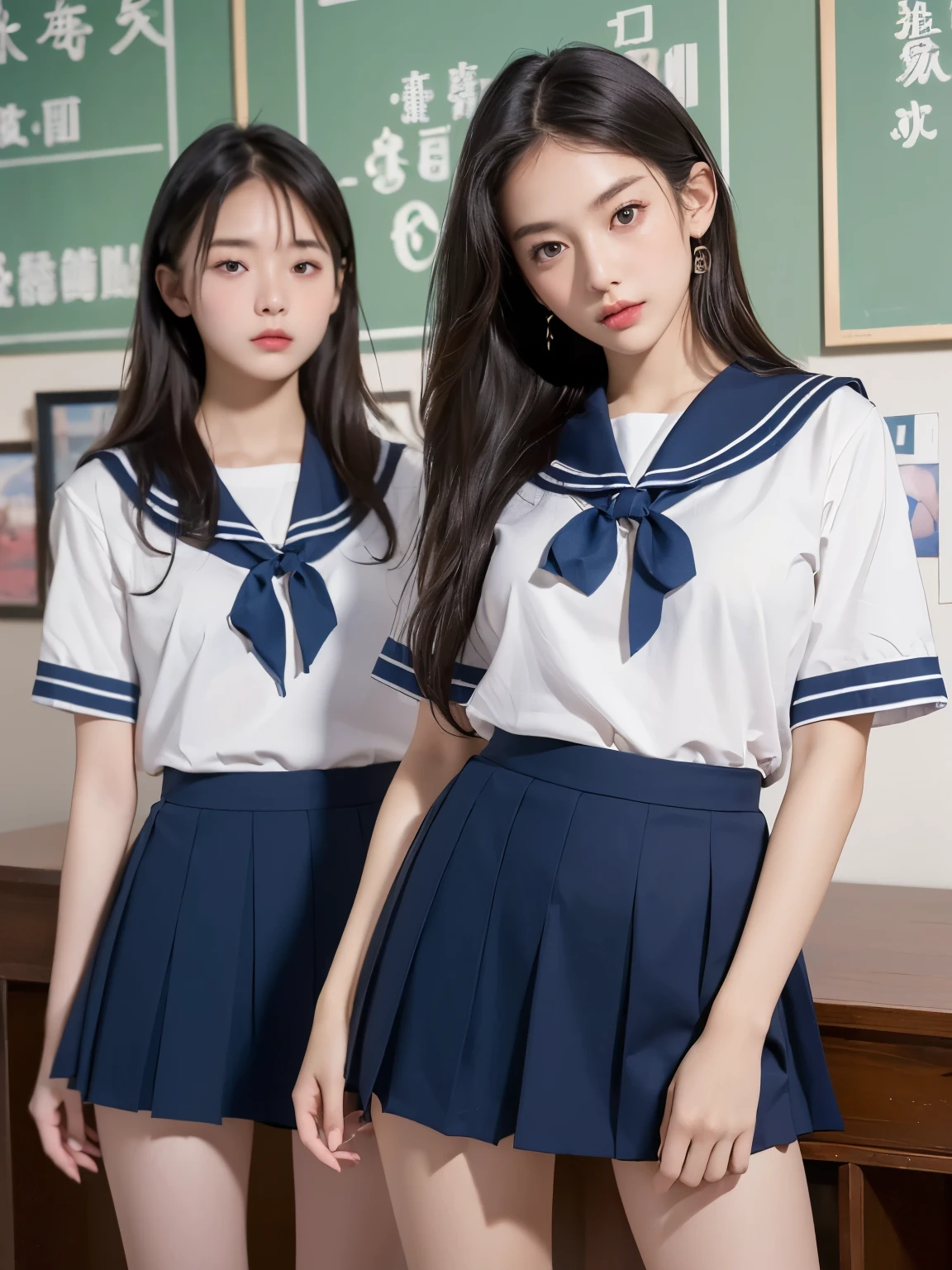 (( top quality、 high definition 、8k、masterpiece:1.3))、(((2girls))),  portrait、 beautiful women、 perfect body、 beautiful rich breasts、classroom、 high school girl、 sailor suit 、 Embarrassing 、(( raise your skirt to show your panties ))、I&#39;Seduce you、Table sex、pleasure、 ashamed、Kiss、 Hug