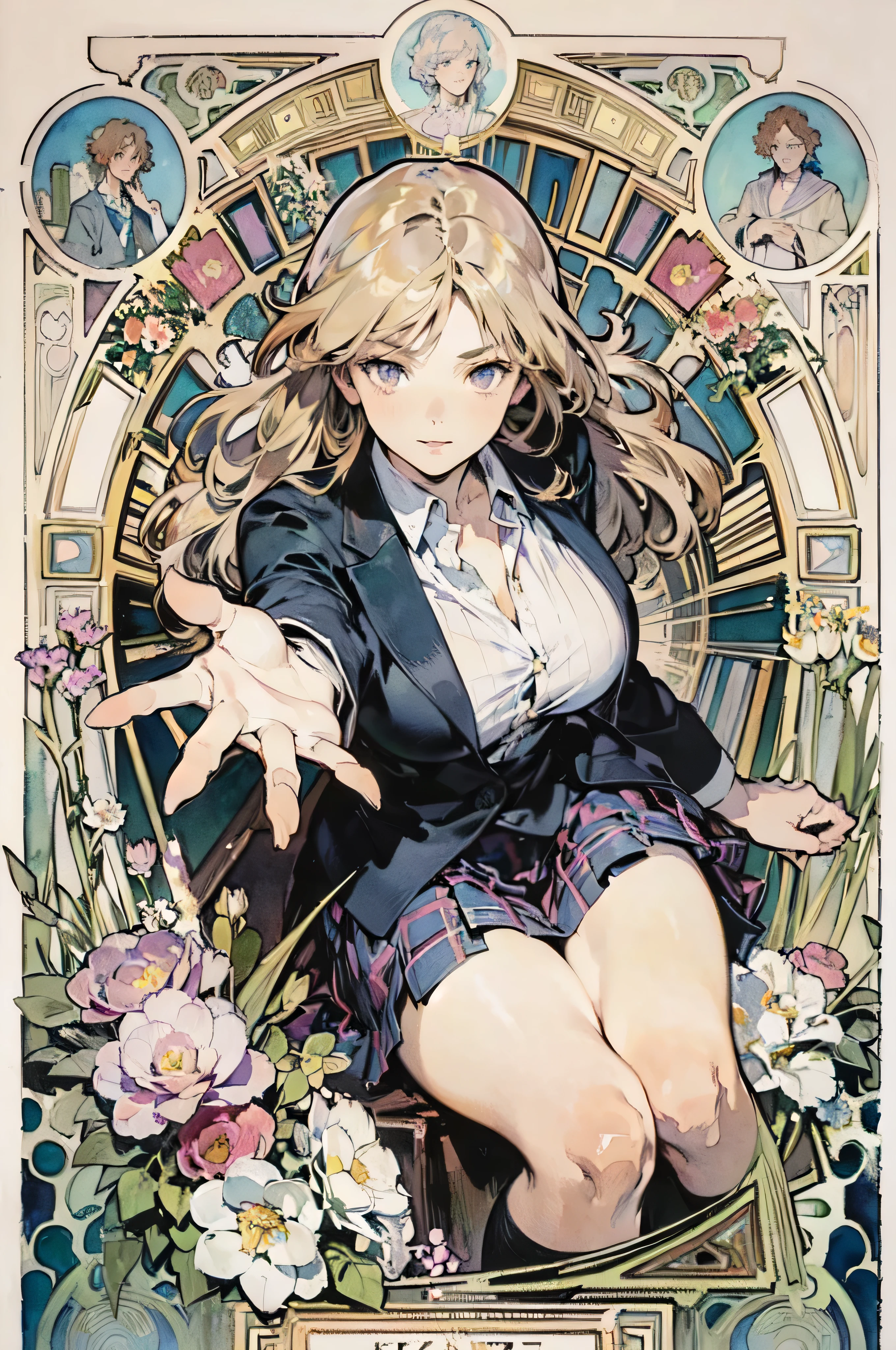 (Mucha:1.2),Detailed Background,Art Deco,Botanical Art,Flower Art,(Floral:1.2), Cowboy Shot、
(masterpiece, Highest quality),Vibrant colors,colorful, Highest quality, Amazing details, Anatomically correct,
Line art, Depth of written boundary,Flat Shading,
(Wavy Hair,Blonde),(Thighs),Thin legs,
(Plain uniform:1.5),(Uniform Blazer),(Black blazer),(Checkered uniform skirt),