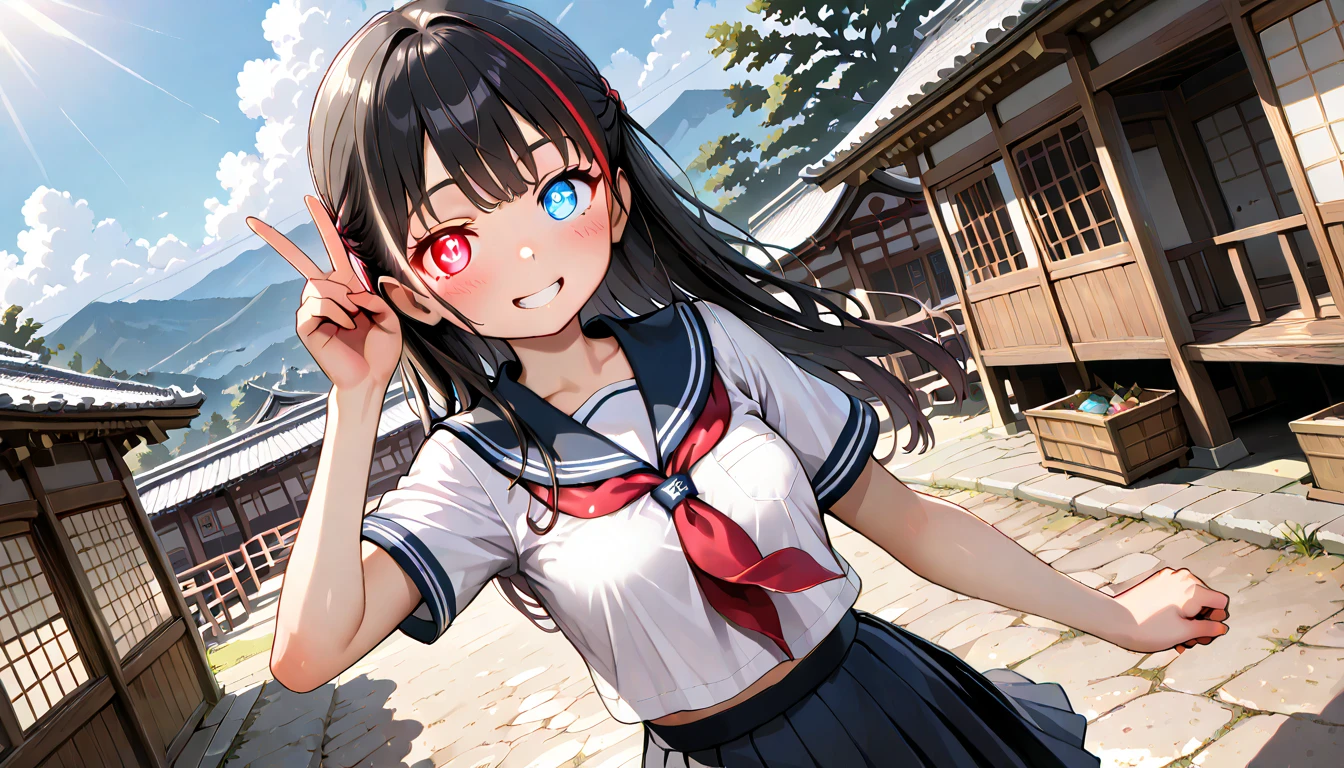 ((top quality)),((masterpiece)),((perfect face)),(ultra-detailed),ultra high res, 8k, 1girl, solo, streaked hair, glowing eyes, heterochromia, village, camera, peace sign, cute smile, dynamic angle, school uniform, sunlight rays, panoramic view,  anime style, exquisite, (very aesthetic:1.2), (absurdres:1.2), (detailed background),newest, perfect anatomy,