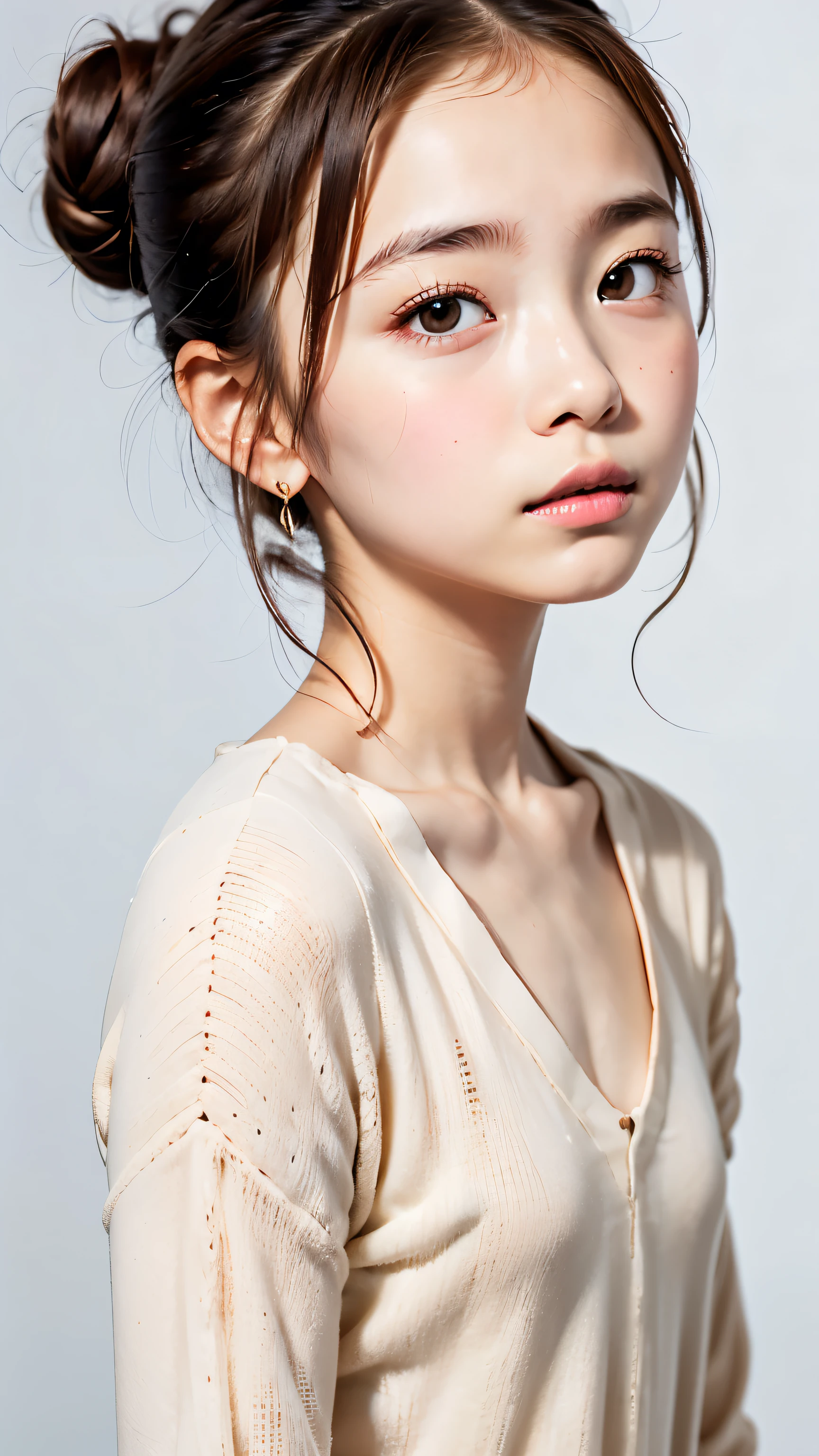 cute, (Brown Hair), ((とてもcute髪)), perfect face, innocent smile, upper body,( blue eyes), (Yang), ( small), (thin), (( flat chested)), (()), Skin Gums , very detailed, charming oval face, red lips, pink, Glowing Skin , Thin Hair, focus on face , chest close-up , Gorgeous Hair Ornaments , gold earrings, ((1 person)), embarrassed expression,