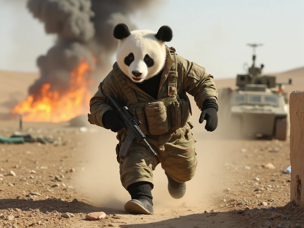 (movie　 a commando on a battlefield in Afghanistan ),A panda  who plays , a panda  is equipped with a camouflage jacket 、 a panda  is surprised by a nearby explosion and runs away、