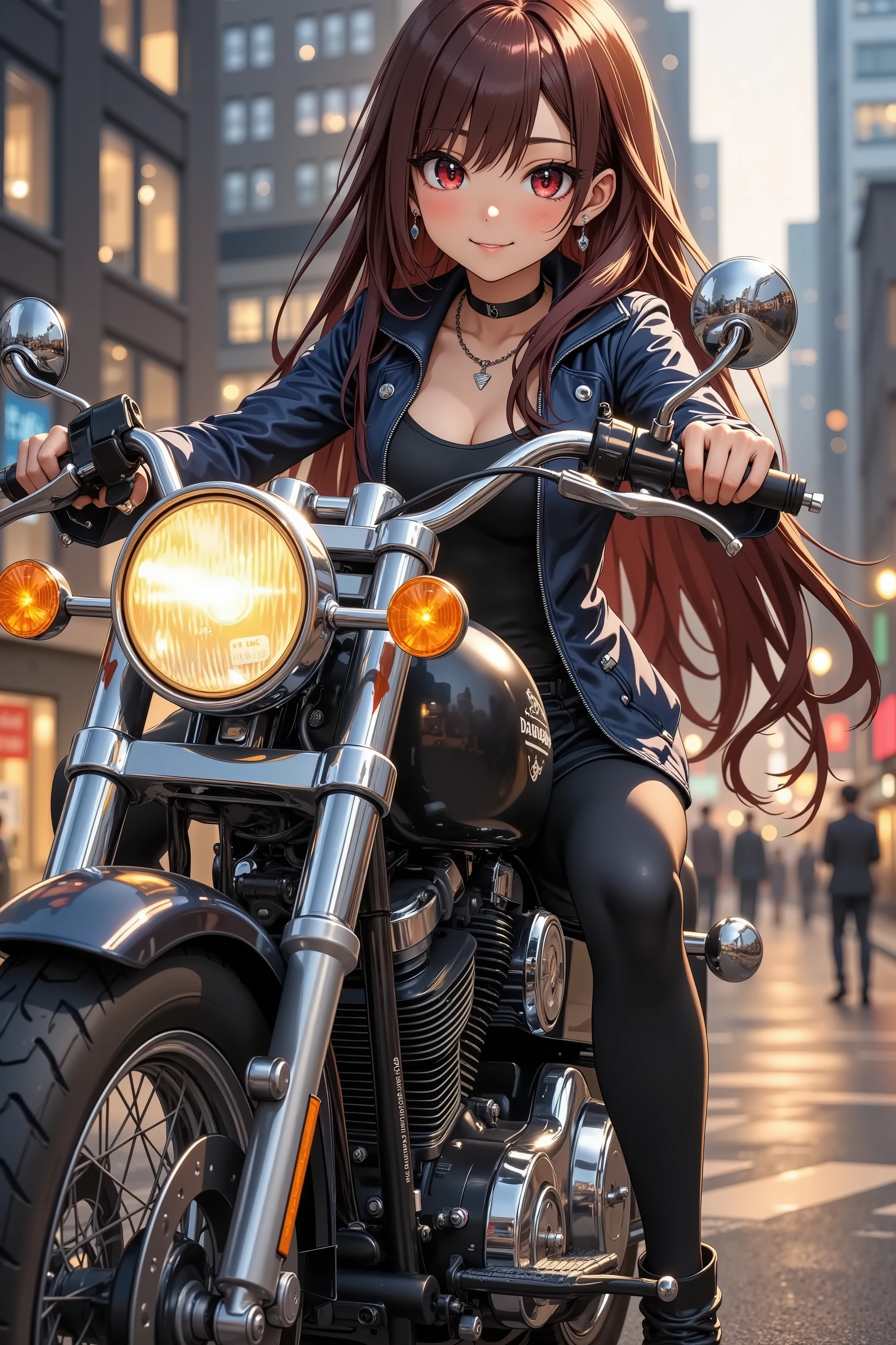 One girl rides a tuned Harley Davidson、 yellow headlight、 rocket cowl 、Overall view of the motorcycle、glowing exhaust pipe, Ultra Wide Angle,  glossy brown skin 、  Sexy Outfit 、 small breasts、細い足、 movie light effect,   inviting ,  won many awards , 