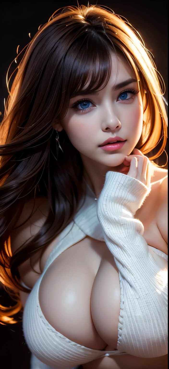 masterpiece, top quality, very detailed, looking at camera , super detailed, realistic , Sharp Features, very detailed, sharp concentration , perfect face, perfect face, Perfect Symmetry , perfect eyes , Perfect Plump Lips, Female flexible body , cinematic , film light , super detailed, hyper realistic , masterpiece, vibe, high definition , vibrant, dynamic studio lighting, (( Dark Backgrounds )), expression when receiving pleasure , straight bang , underbust pose , blue eyes, white sweater, cowboy shooting ,