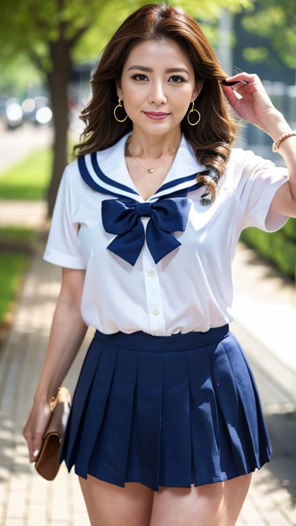 full body shot, from below,  Japanese woman with a viewing angle of, Wife, (58 years old:1.6),  detailed face , Facial wrinkles, Wrinkles around the eyes, smile,  detailed skin texture,  white skin,  heavy makeup ,  long hair, (curvy body, saggy breasts,  plump thighs), (earrings,  necklace, school uniform, sailor uniform, sailor collar, sailor collar ribbon,  navy blue pleated mini skirt:1.2), ( wearing high heels:1.2), ( standing in the park,  photograph the whole body from toe to head:1.2), (surrealism, best quality, ultra detailed, absolutely resolution, 8k, anatomically correct), depth of field, looking at viewer, tachi-e, (gal.safetensors), (bimajo ), full body,  detailed face , Wifeが女子高校生の制服を着てコスプレしている