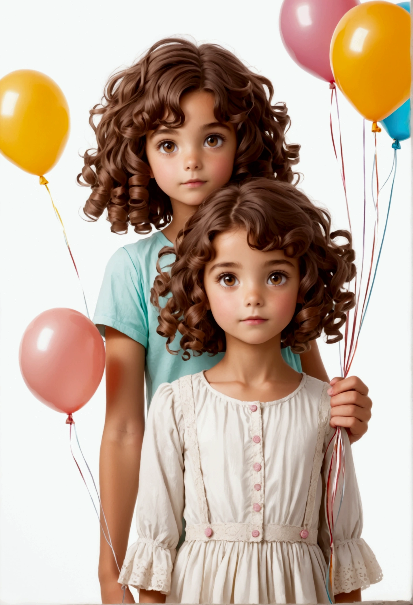 cute young girl  or brothers with curly brown hair holding balloons on white background low camera