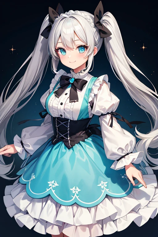  One Beautiful Girl 　Shows up to the waist　Gray Hair　White Hair　 white long hair　 Twin Tails 　Turquoise eyes　A cheerful smile　black and blue lolita clothes