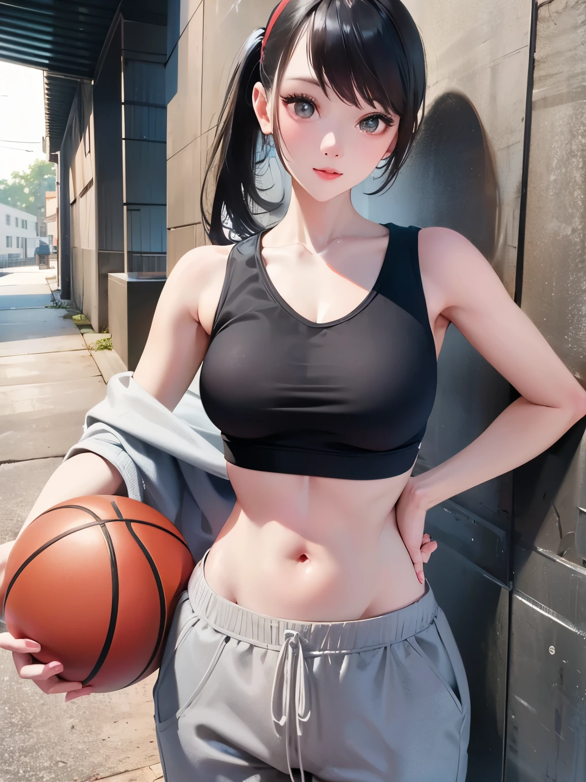 A fit and athletic young Asian woman standing in an urban alley holding a basketball. She wears a dirty torn and loose-fitting grey sweatpants and a cropped dirty tank top knotted at the side, revealing toned abs. Her hair is messy in a ponytail, and she has a determined, confident pose. The background is an abandoned urban street with muted tones, creating a gritty and stylish atmosphere.