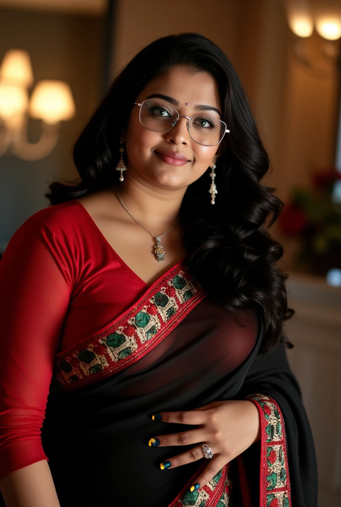 (RAW) Indian woman wearing black (red-green) saree (blouse, petticoat), 20 years old, (chubby cheeks:1.1), (curvy body:1.2), (eyeglasses), (bindi), (vermilion), An Indian beauty, charismatic, dark-skin, view the viewer, naughty smile, penthouse