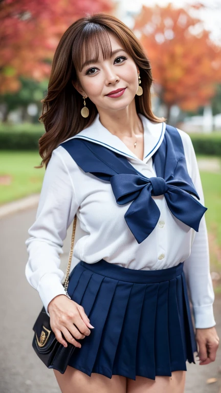 full body shot, from below,  Japanese woman with a viewing angle of, Wife, (58 years old:1.6),  detailed face , Facial wrinkles, Wrinkles around the eyes, smile,  detailed skin texture,  white skin,  heavy makeup ,  long hair, (curvy body, saggy breasts,  plump thighs), (earrings,  necklace, school uniform, sailor uniform, sailor collar, sailor collar ribbon,  navy blue pleated mini skirt:1.2), ( wearing high heels:1.2), ( standing in the park,  photograph the whole body from toe to head:1.2), (surrealism, best quality, ultra detailed, absolutely resolution, 8k, anatomically correct), depth of field, looking at viewer, tachi-e, (gal.safetensors), (bimajo ), full body,  detailed face , Wifeが女子高校生の制服を着てコスプレしている