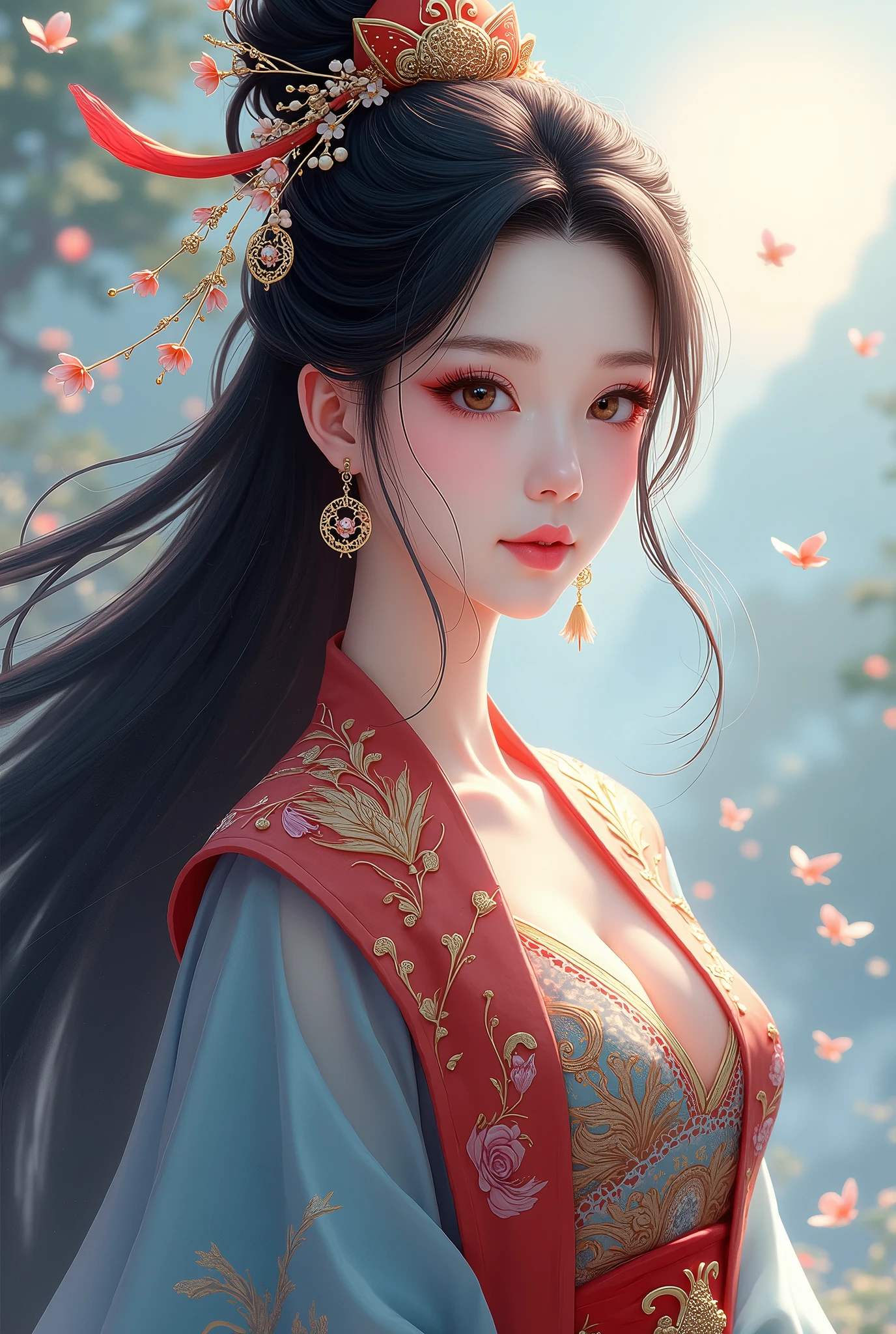  beautiful女性,  long hair on background, The greatest goddess, Beautiful,  beautiful, earrings, Chinese style costume, blue red,  facing the front,  high image quality,  Masterpiece, 8k high resolution,  anime style , 