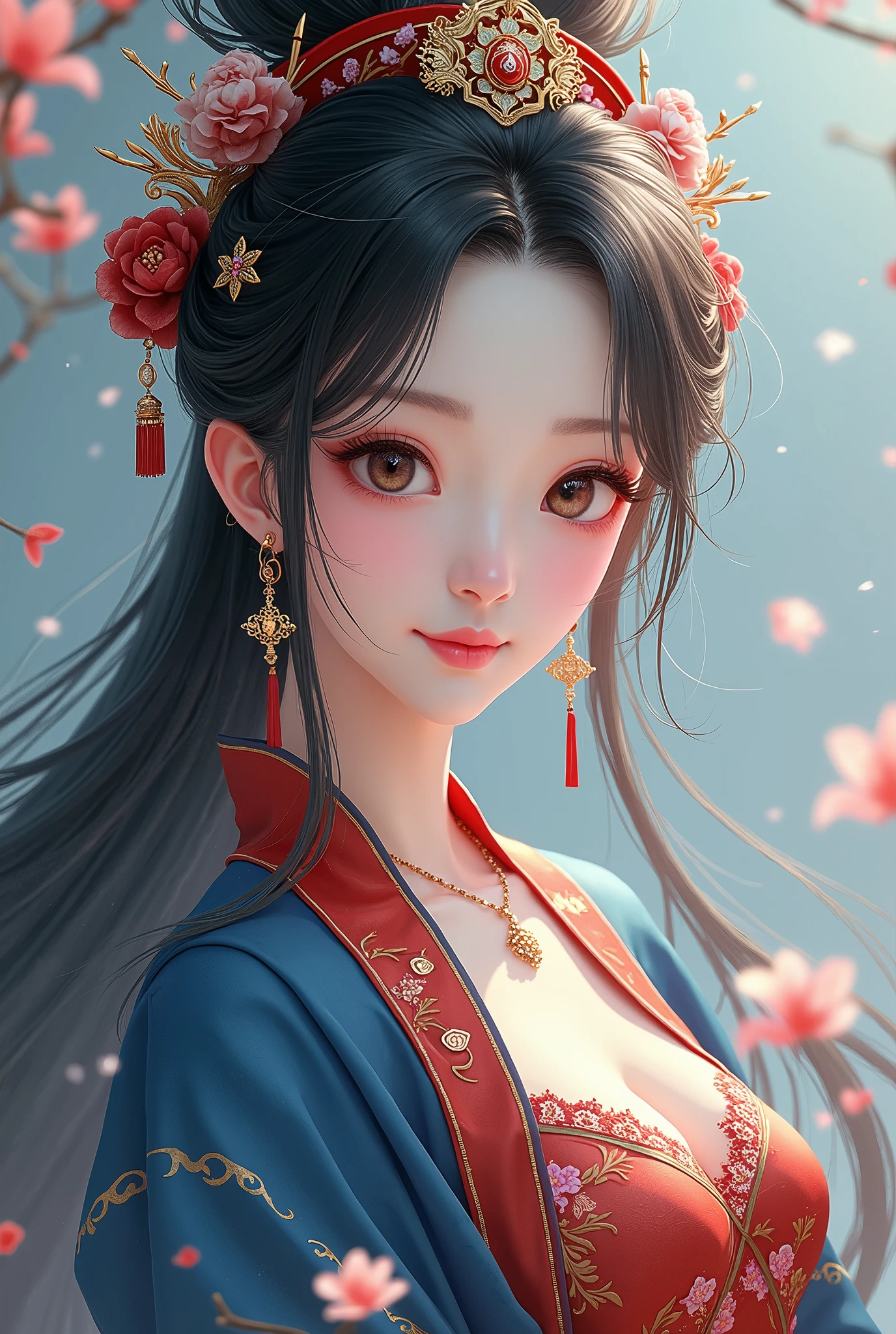  beautiful女性,  long hair on background, The greatest goddess, Beautiful,  beautiful, earrings, Chinese style costume, blue red,  facing the front,  high image quality,  Masterpiece, 8k high resolution,  anime style , 