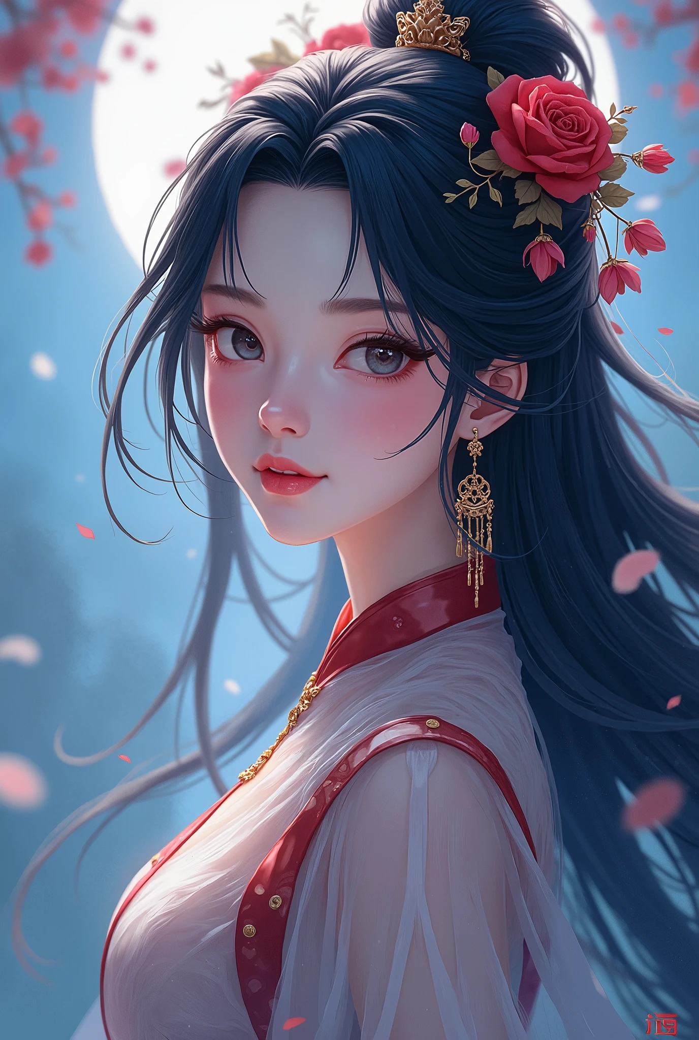  beautiful women,  long hair on background, goddess, earrings, Chinese style costume, blue red,  facing the front,  anime style , 