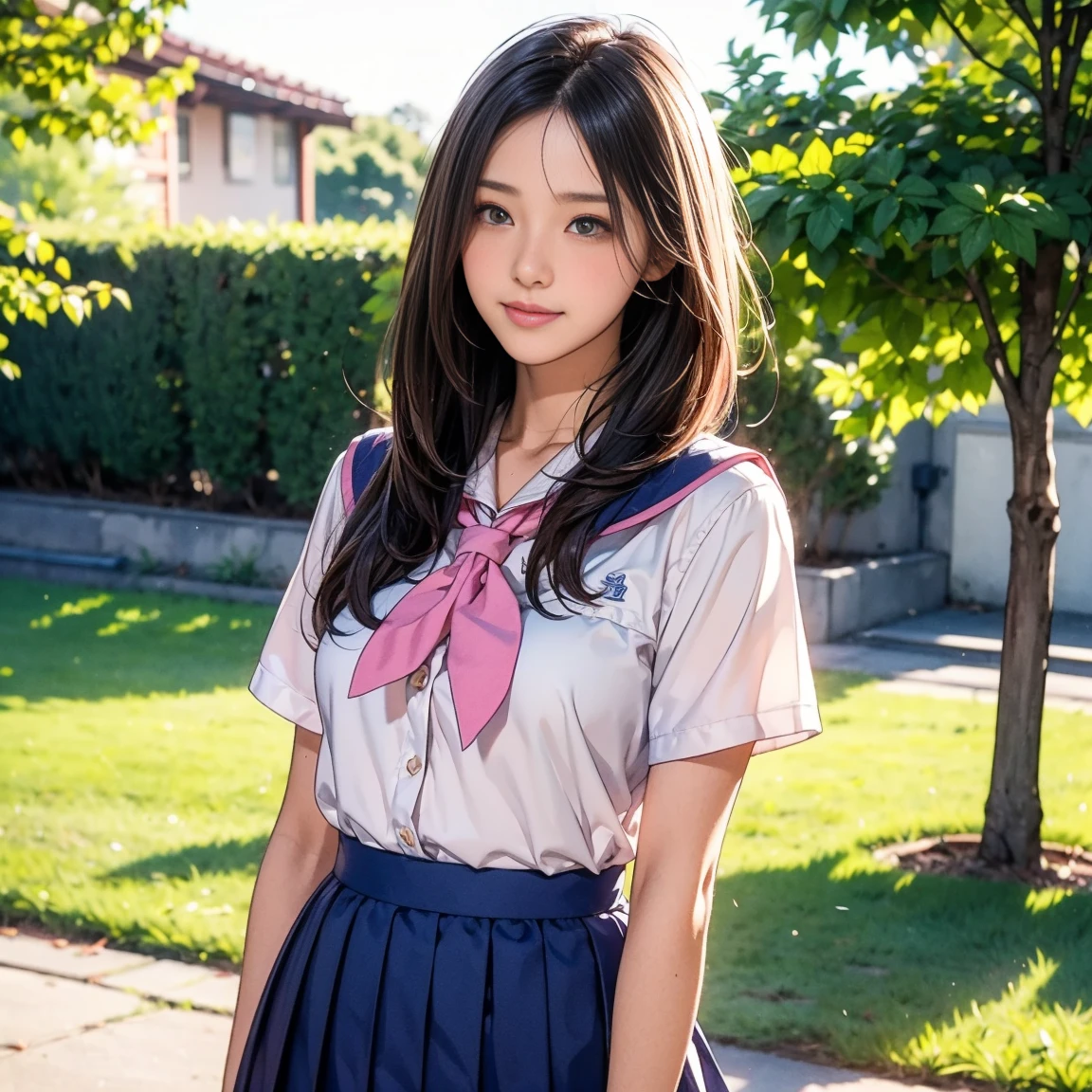 (highest quality, 4k, 8K, High resolution, Tabletop:1.2), Super detailed, Realistic:1.37, Light brown hair, Semi-long hair, Asymmetrical bangs, Mature Woman, high school girl, Sailor suit, Purple and pink checkered micro mini pleated skirt, Super super slender body, Shy and cute face, A very happy smile