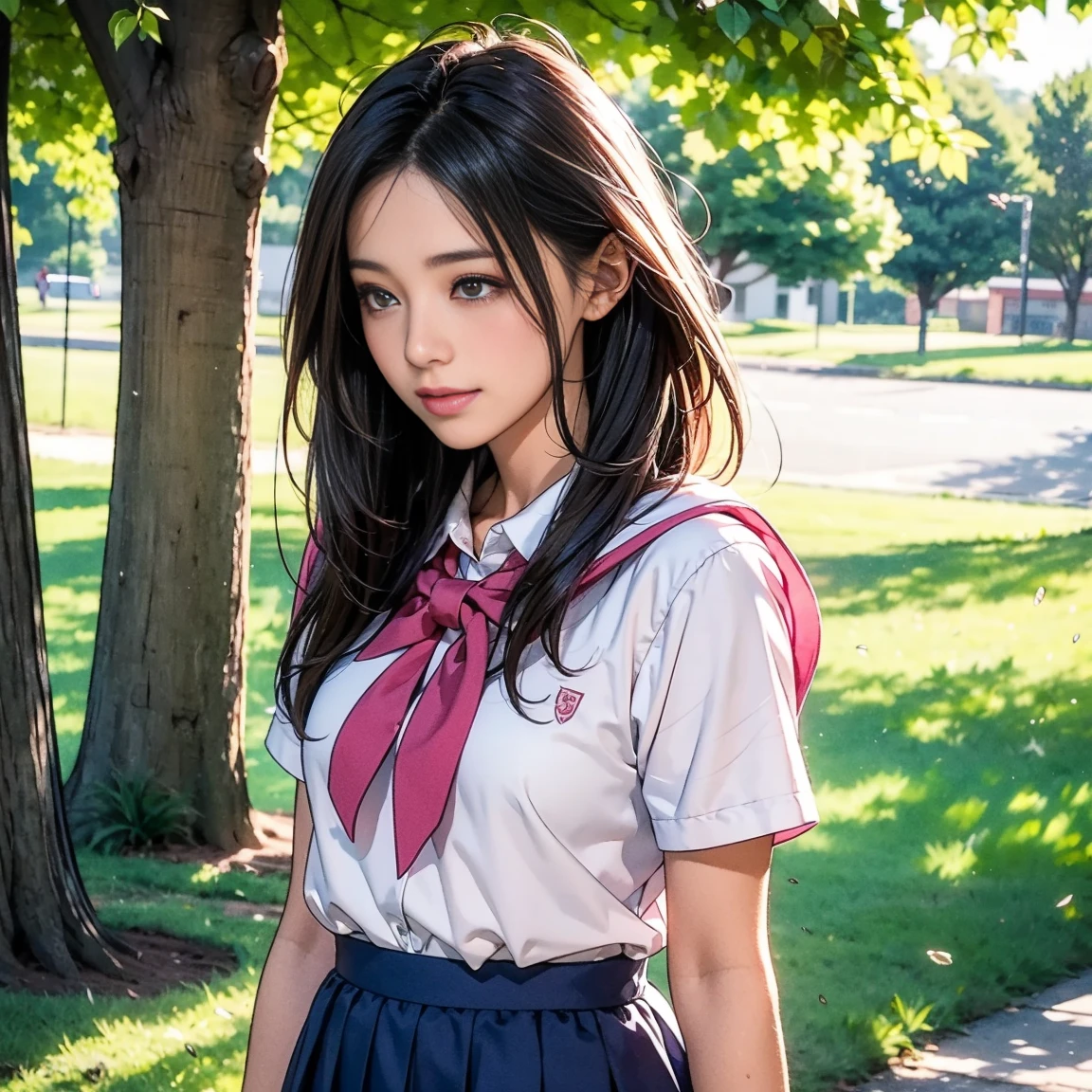white girl 13 years realistic,beautiful,with long light blue hair to the waist,red lipstick,pink cheek,big blue blue eyes tightly together horizontally to the nose, white school clothes white blouse with red bow and navy blue skirt,full body, , on school background blurred in 10k resolution