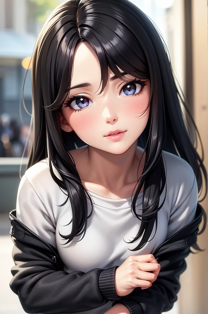 a girl with flowing black hair, casual clothes, glancing away multiple times, detailed facial features, beautiful eyes, detailed lips, delicate skin, natural lighting, photorealistic, 8k, highly detailed, masterpiece, illustration