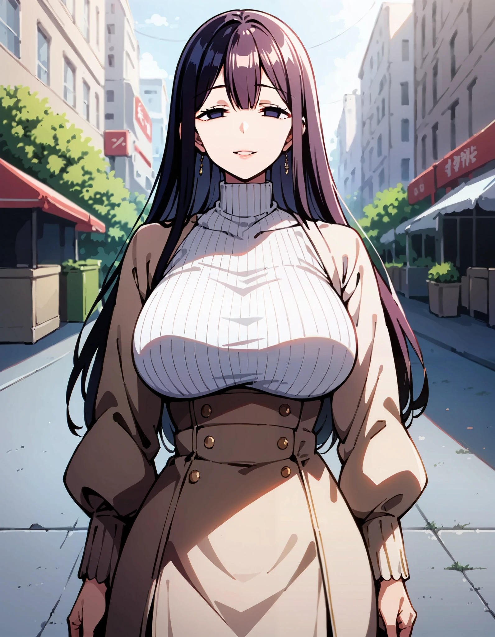 score_9, score_8_up, score_7_up, source_Anime, 1 girl ,Alone,(Mindless Face:1.1),masterpiece, top quality, Beautiful Detailed Eyes ,  beautiful detailed lips,  Extremely Detailed Eyes and Faces , turtleneck knit, smile,  Wears Big Saggy Breasts, shockingly Big Breasts, Big Breasts,  thin waist,  stylish body , In the city, ( tired expression)) exhaustion、Walking on the street 