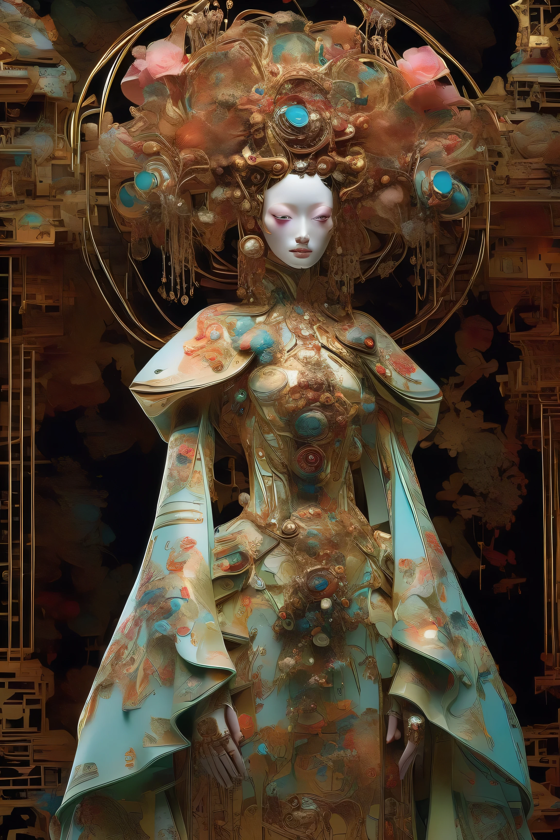 Full body photograph by Tim Walker. robot, porcelain face and head, big turquoise eyes, perfect eyes, best quality in dark neo-Harajuku style, embodying the mood of a utopian world, intricate details of the robot, space outfit highlighted by sharp contrasting shadows, strikingly bright colors, atmospheric dust particles, scattered face, background of a decaying city, UHD digital rendering, a fascinating combination of fashion and dystopia. eerie atmosphere, fusion, horror, Japanese townscape, long neck, robots, v 6. full body shot three quarter view --ar 9:16 --stylize 750
