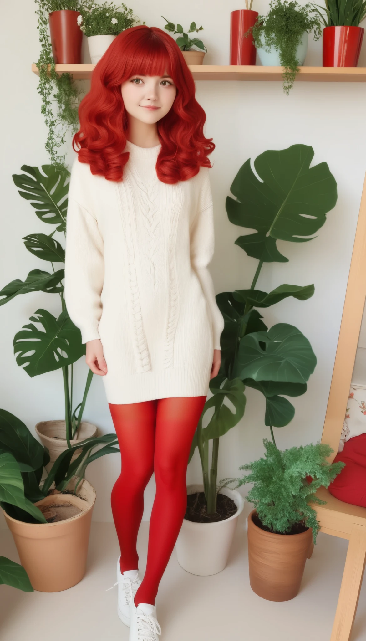 (( top quality, masterpiece)), ( One Girl , Alone),  Perfect Anatomy,  very detailed face、 cute face、Exquisitely written face、(cktights:1.2),   sweater dress,   red pantyhose with carefully drawn hair, whole body,Very delicate hair, Seen from , strand by strand,  No Shoes , Perfect Shadow, Red Room, Houseplants, 