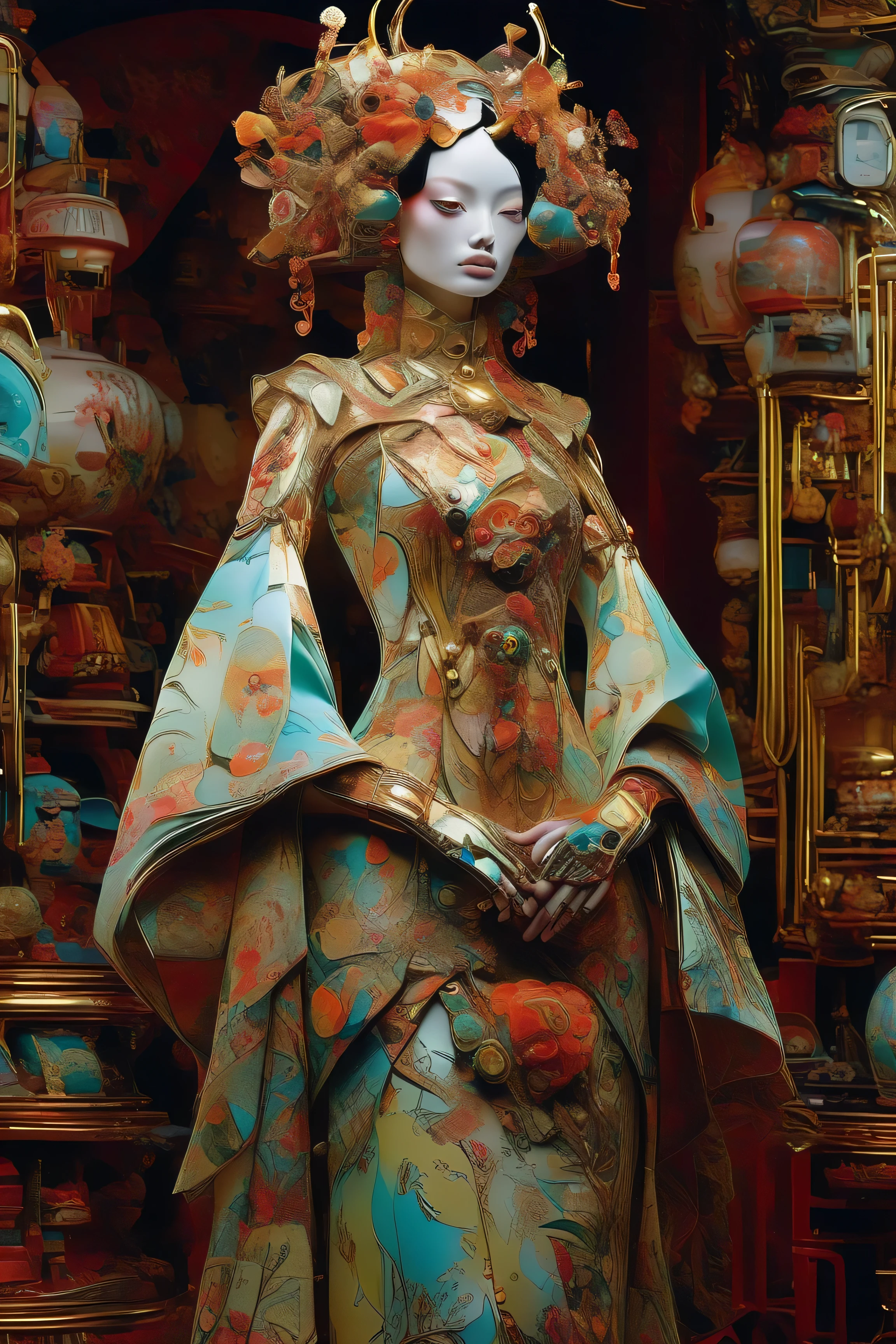 Full body photograph by Tim Walker. robot, porcelain face and head, big turquoise eyes, perfect eyes, best quality in dark neo-Harajuku style, embodying the mood of a utopian world, intricate details of the robot, space outfit highlighted by sharp contrasting shadows, strikingly bright colors, atmospheric dust particles, scattered face, background of a decaying city, UHD digital rendering, a fascinating combination of fashion and dystopia. eerie atmosphere, fusion, horror, Japanese townscape, long neck, robots, v 6. full body shot three quarter view --ar 9:16 --stylize 750
