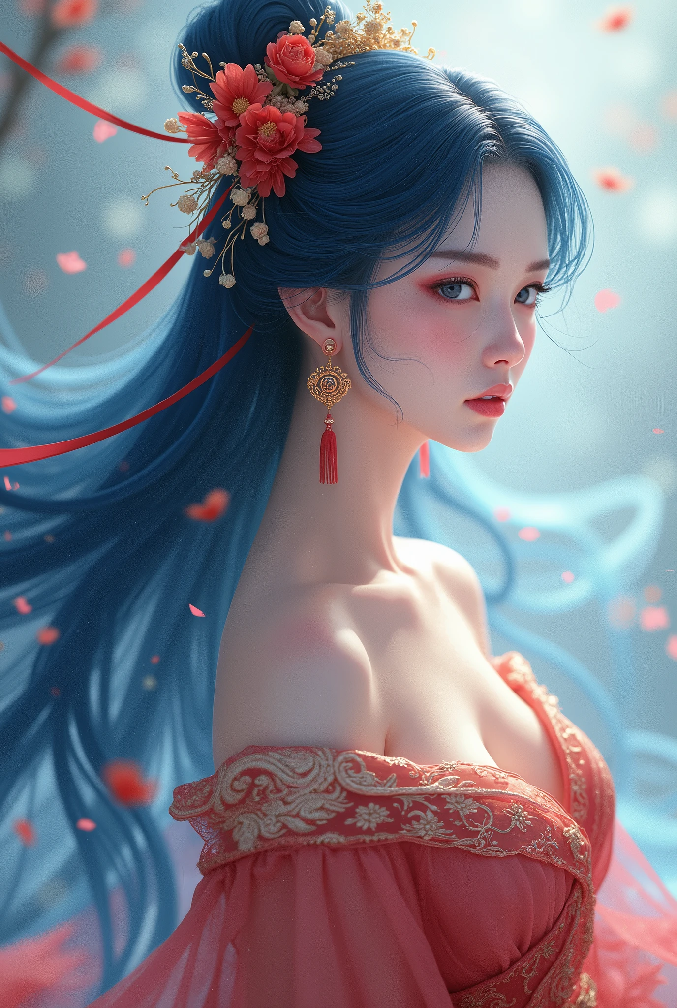  beautiful women,  long hair on background, goddess, blue red,  character, earrings, Chinese style costume,  anime style , 