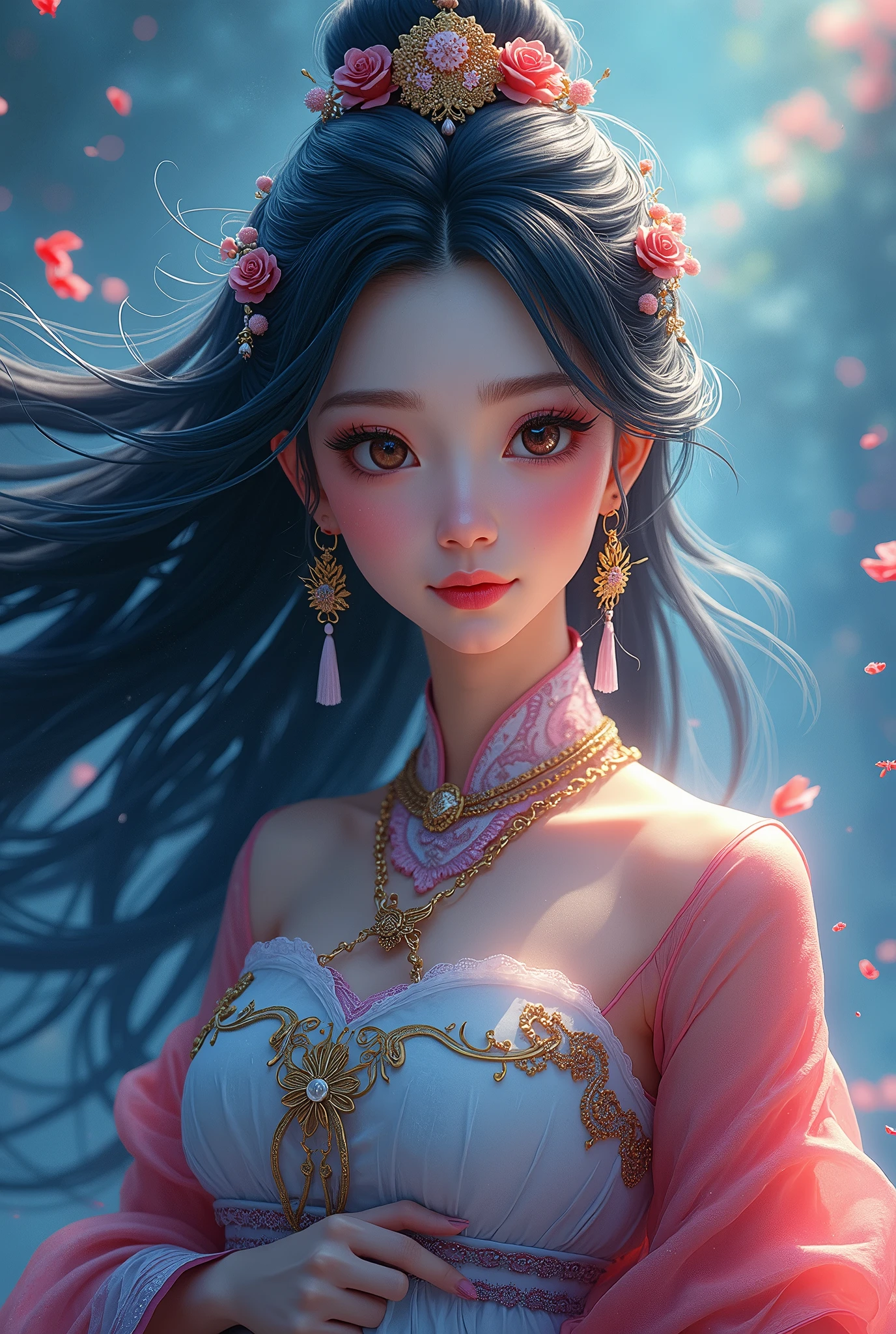  beautiful women,  long hair on background, goddess, blue red,  character, earrings, Chinese style costume,  Animation Art , 