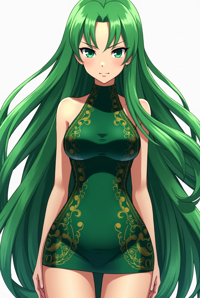 The character has long green hair styled in large waves. She has large expressive eyes, probably green to match her hair. The flower crown she wears is composed of various colorful flowers that contrast with the shade of her hair. Her outfit is a combination of green and black, with golden details, and seems to be an elegant and majestic attire. She has exaggeratedly large Her breasts are really big and her skin tone is gray and her eyes are black and her pupils are golden.